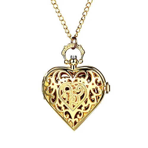 JewelryWe Reloj de Bolsillo para Mujer Vintage Hueco Tallado Corazón Colgante Reloj de Bolsillo Collar Suéter Cadena, Oro