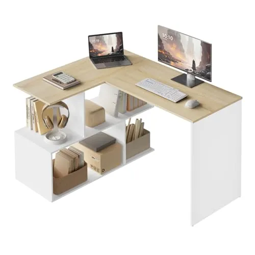 WOLTU Escritorio en Forma L, Mesa Esquinera Escritorio, Roble Claro+Blanco
