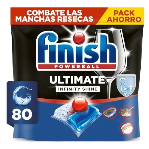 Finish Powerball Ultimate Infinity Shine, pastillas para el lavavajillas con poder quitagrasas y protección del cristal, 80 pastillas