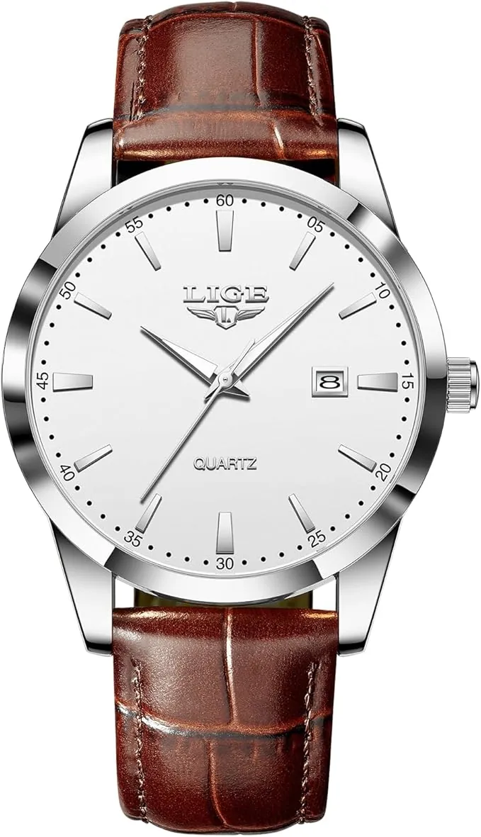 LIGE Reloj Hombr Analógico Elegante Vintage Caballero Relojes Clásico Cuero Movimiento de Cuarzo Japonés Agujas Luminosas Men Watch Resistente Al Agua Mens Watches con Fecha,Plata Blanco