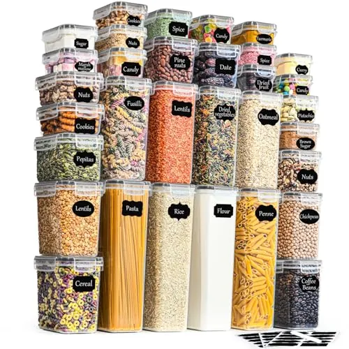 GoMaihe Botes Cocina, Juego de 32 Piezas de Recipiente de Botes Cocina Almacenaje de Plástico de Alimentos Sellados con Tapa, Se Utiliza para Almacenar Cereales Arroz, Harina, Etc