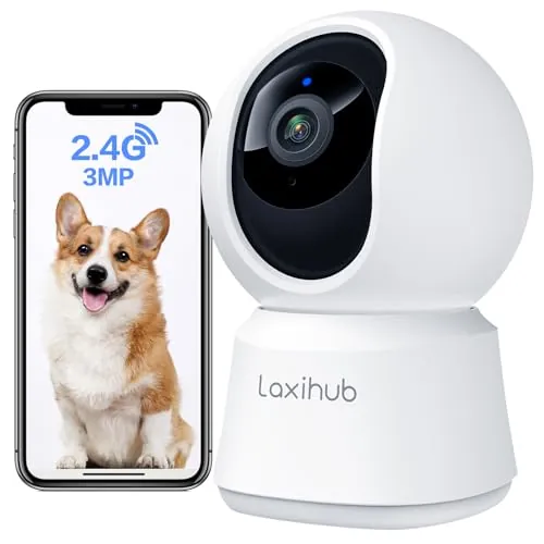 LAXIHUB 2K/3MP Camara Vigilancia WiFi Interior, 2.4GHz Camaras Vigilancia Domicilio WiFi, PTZ 355° Cámara para Perros y Mascotas en Casa con Voz, Visión Nocturna, Audio Bidireccional, con Alexa & App