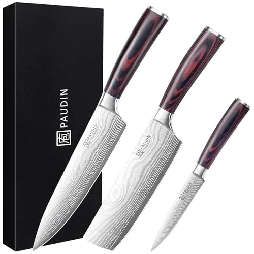 PAUDIN Juego de cuchillos de cocina Profesionales, 3 Pzas, Utensilios de Acero Inoxidable, Mango Madera, Cuchillos Chef Universal para Cortar Carne Verduras Pan Queso