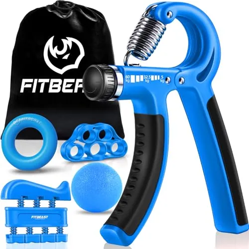 FitBeast Hand Grip para Antebrazo Ejercitar – Paquete de 5 Piezas, Fortalecedor de Agarre de Manos Ajustables, Ejercitador de Manos, Para Estirar Los Dedos, Anillo para Entrenar y Pelota Anti Estrés