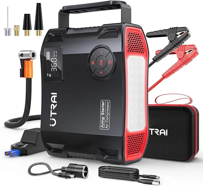 27000mAh Arrancador de Baterías de Coche con Compresor de Aire/18W Carga Rápida/Luz LED de 1600 lúmenes/160W DC out/Pantalla LCD/Carga rápida 3.0(All Gas o 12L Diesel) UTRAI 8000A Jump Starter