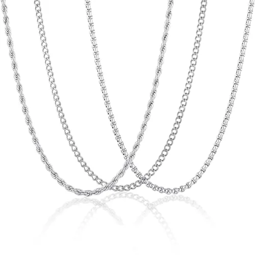 Esmoly 3 Piezas Cadena Plata Hombre 316L Acero Inoxidable 2/3/4/5/6mm Cubanas Regalos Originales 45/50/55/60cm (Plata, 50cm/3mm)