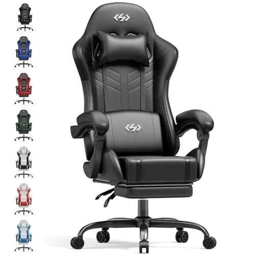HLFURNIEU Silla Gaming Ergonómica con Cojín Lumbar Masajeador, Negro