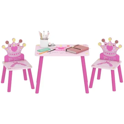 HOMCOM Juego de Mesa y 2 Sillas Infantiles de Madera 55x34x42 cm Rosa | Set de Mesa de Escritorio, Sillas 28x26x50 cm, para Niños 2-4 Años, para Salas de Juego, Dormitorio de Niño