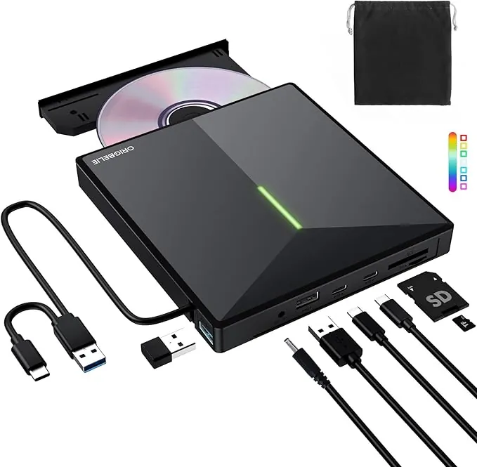 ORIGBELIE Grabadora CD DVD Externa con 4 Puertos USB y 2 Ranuras para Tarjetas TF/SD, USB 3.0 Portátil Lector CD Externo para Portatil, PC, Desktop, MacBook, Windows 11/10/8/7/Vista, Linux, Mac OS