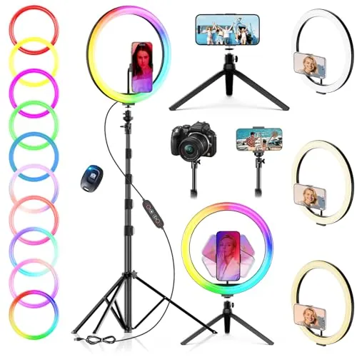PEYOU 12" Aro de Luz con Trípode para Movil,186CM Ring Light 38 Modes RGB con Función Bluetooth Selfie y Mini Trípode Extra,para Youtube/TikTok/Twich Live/etc.
