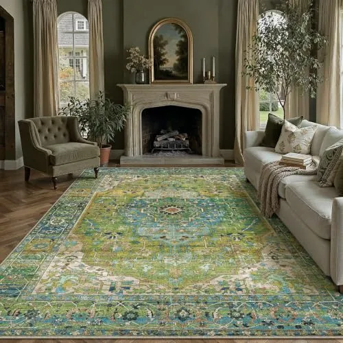 PureCozy Verde Alfombra Salon 200x300cm Habitacion Alfombras | Lavable, Antideslizante, Carpet, Vintage, Tapete, Dormitorio, Sala, Comedor, Oficina, Pelo Corto