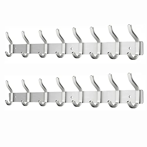 MEIJO Percheros Pared con 8 ganchos, Ganchos Perchas de Montaje en Pared Acero inoxidable Colgadores Ganchos Perchero para Entrada, Cocina, Baño (8 Ganchos-2pcs, Plata)