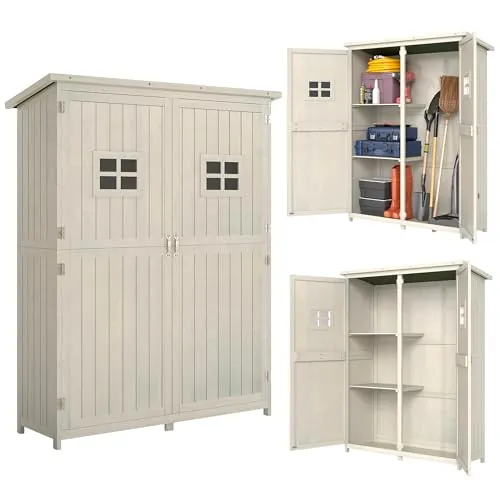 Outsunny Cobertizo de Madera Caseta Exterior Armario Herramientas de Jardinería Doble Puertas Techo Impermeable Compartimientos de Diferentes Tamaños 127.5x50x164cm Madera Maciza