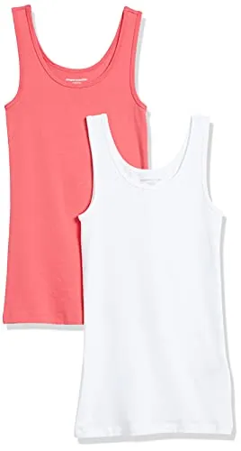 Amazon Essentials Camiseta de Tirantes de Ajuste Entallado Mujer, Pack de 2, Blanco/Rosa Brillante, S
