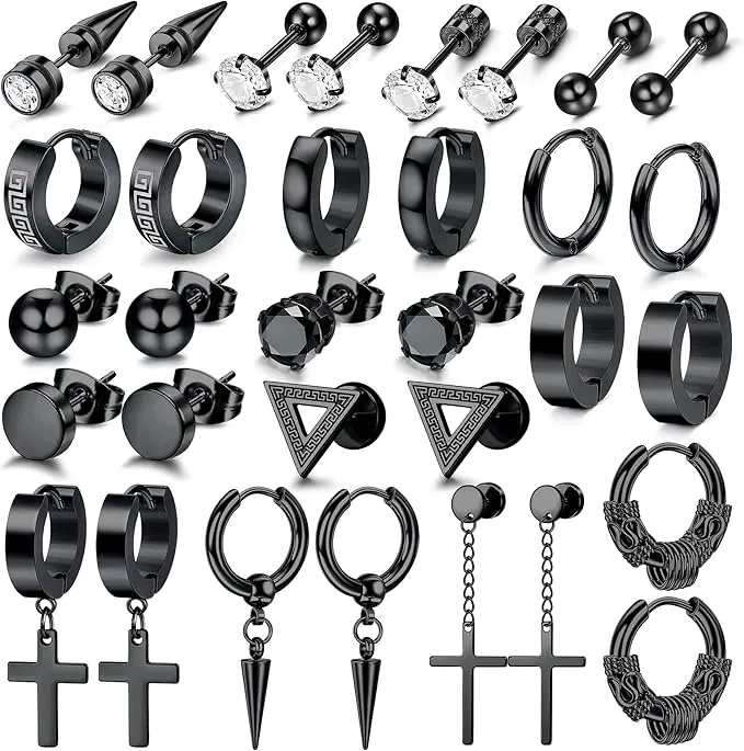 Dochais 16 Pares Pendientes de Aro para Hombre - Set de Acero Quirúrgico con Cruz Colgante Negro y Circonitas en Plata, Diseño Punk