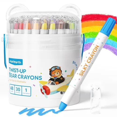 JUPITEARTH 48 crayones de colores para niños pequeños de 1 a 3 años, crayones sedosos para niños de 4 a 8 años, crayones lavables no tóxicos, suministros de arte ultra sedosos de fácil agarre, regalo