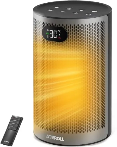 Ateroll Calefactor Bajo Consumo 1500W, 3 Modos Calefactor Cerámico PTC | Modo ECO de ahorro energético, calefactor silencioso con termostato, temporizador 8H,bloqueo infantil y protección antivuelco