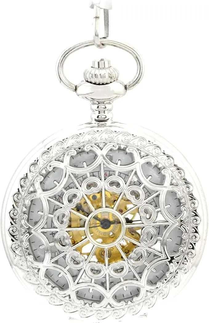 Forma de Corazón Telaraña Hueco Esqueleto Acero Reloj de Bolsillo Movimiento Mecánico Plateado