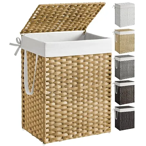 SONGMICS Cesto de Ropa Sucia, 90 L, Ratán Sintético, con Tapa, Plegable | Cesta de Mimbre, con Asas, Forros Extraíbles, para Baño, Lavandería, Amarillo Ganso y Blanco Crema, Colección ELIOTT LCB51NL