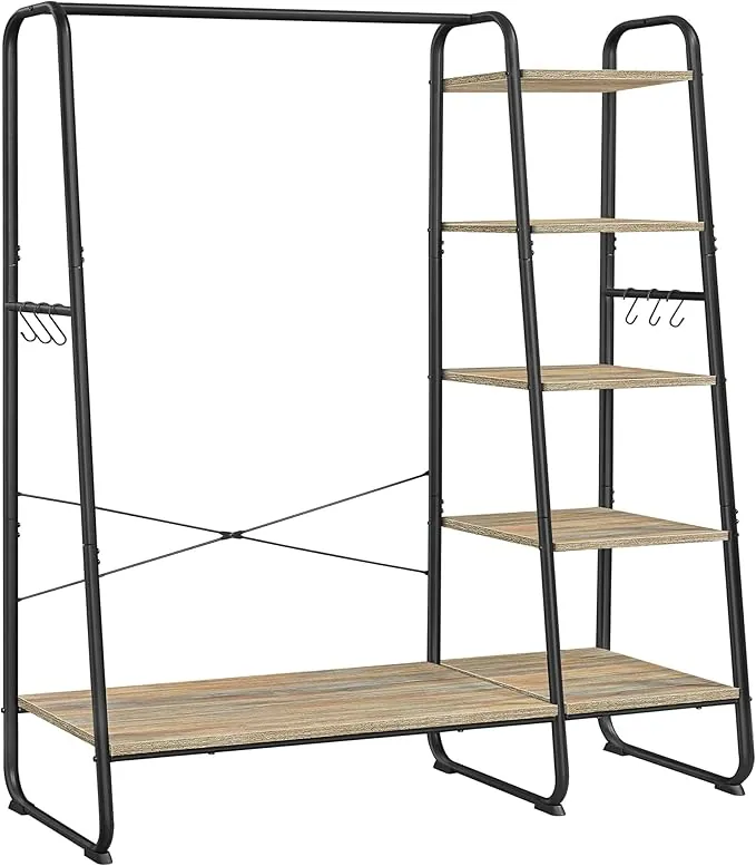 VASAGLE Burro Perchero, Perchero con Zapatero, 5 Estantes de Almacenamiento, 6 Ganchos Laterales, Dormitorio, Sala de Estar, Pasillo, Marrón Turquesa y Negro Mate RGR116K01