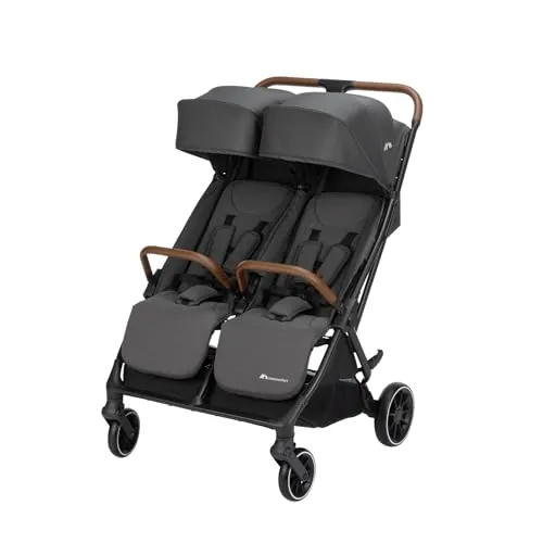 Bebeconfort Mane, Carrito Gemelar, 0-22 kg, Plegado Automático, Reclinación Total, Barras De Seguridad Giratorias, Arnés 5 Puntos, Ventana De Malla, Burbuja Impermeable, Cesta (8 kg), Mineral Graphite