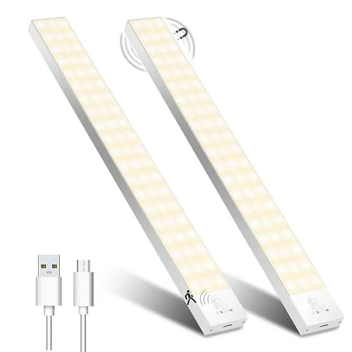 OUILA Luz LED Armario con Sensor Movimiento 3000K 60 LEDs 4 Modos Luz LED Adhesiva Magnética 1500mAh USB Recargable Luz Nocturna para Cocina, Armario, Escaleras, Pasillo, Garaje-2 Packs