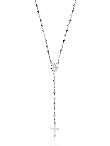 AKA Gioielli® - Collar Rosario Plata de Ley 925 con Medalla de la Virgen Milagrosa y Colgante de Cruz para Mujer