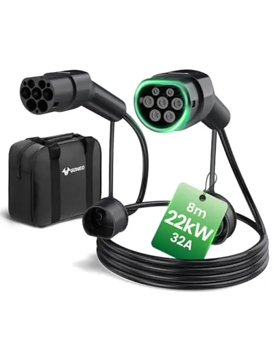 GONEO Cable de Carga Tipo 2 22kW 32A 4M, Modo 3 Cable Carga para Coche Eléctrico con Bolsa,IP54 Impermeable,Compatible con Tesla,Kia,BYD,Renault,MG,Volkswagen,etc