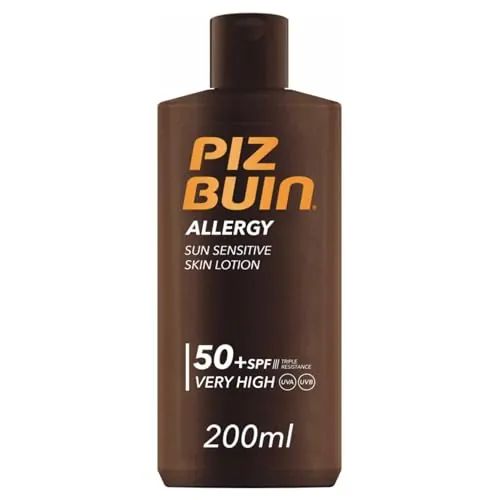 PIZ BUIN Allergy Sun Sensitive Skin Lotion FPS 50 (200 ml), protector solar corporal con FP50, protección solar muy alta para pieles sensibles, loción corporal con filtros UVA/UVB