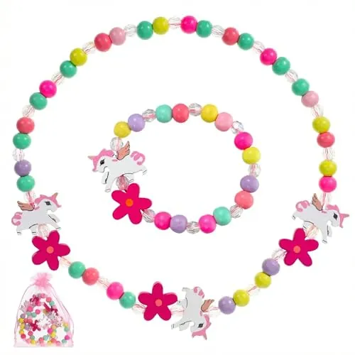 Amosfun Set De Pulsera Y Collar De Cuentas De Madera Para Niñas Accesorios Coloridos De Unicornio Perfecto Para Fiestas CumpleañOs Y Ocasiones Especiales