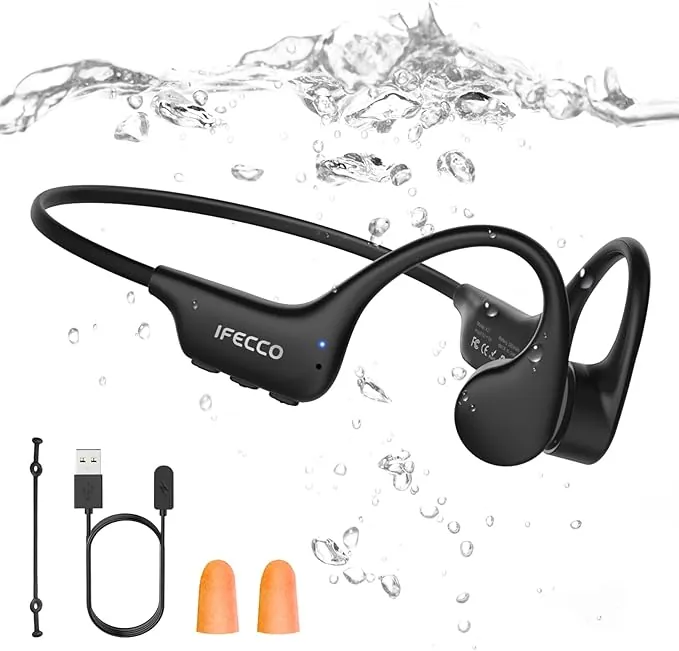 IFECCO Auriculares Natacion Bluetooth 6.0 - IP68 Resistente al Agua Auriculares Conduccion Osea Natacion,Cascos Oseos Abiertos con 8G Mp3 para Nadar Correr Ciclismo