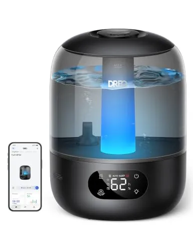 DREO Humidificador ambiental 3 L, sensor de humedad, WIFI, Negro | Sensor de humedad, luz ambiental RGB, depósito de agua de 3 L, fácil de limpiar, hasta 30 h de autonomía, humidificador bebés