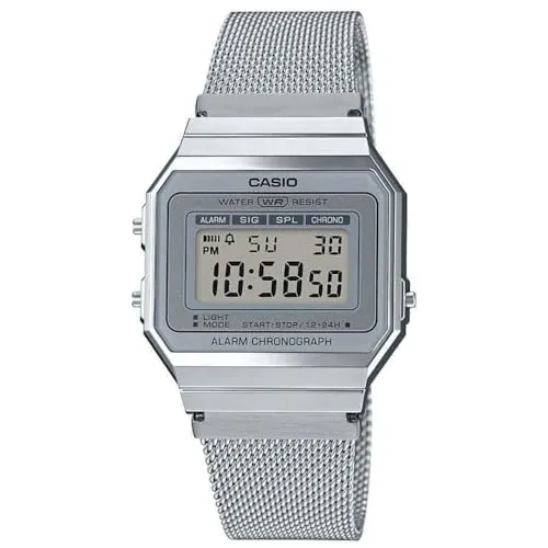 Casio Reloj Cuarzo Unisex 36.00mm con dial Digital LCD y Correa de Mesh Bracelet Plata A700WEM-7AEF