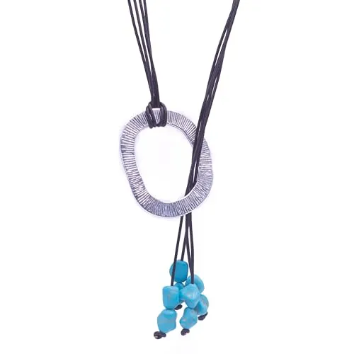 NILUXE DESIGN -Colgante Mujer Piedras Naturales Turquesas- Aro Grande de Plata Tibetana Acabado Antiguo con Cuero Marrón - Collar Mujer Largo- Elegante Estilo Bohemio Vintage - Ideal para Regalo