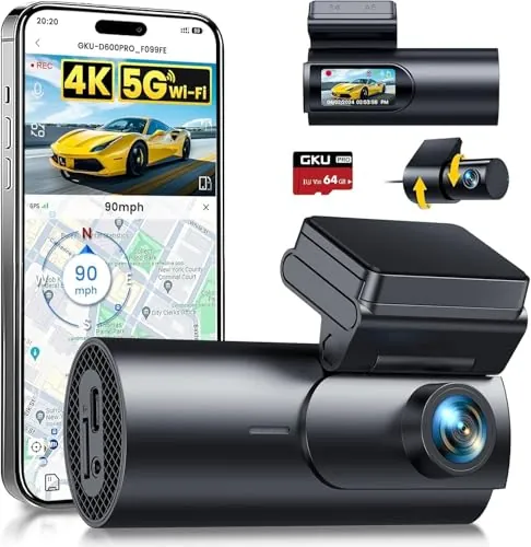 GKU 4K Dashcam Cámara Coche, 5GHz WiFi &GPS, 1.5'' IPS Dash CAM Coche Doble con Tarjeta de 64GB, Camara Coche Grabadora, 170° Gran Angular, Visión Nocturna, WDR, Sensor G, Modo Parking, Control App