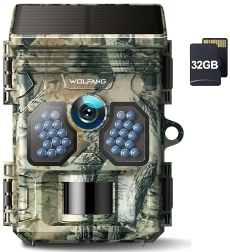 WOLFANG Cámara de Caza Solar 4K 48MP, Camara Fototrampeo con Visión Nocturna, Disparo de 0.1 s, IP66 Impermeable, Camara Caza para Monitoreo de Vida Silvestre con Tarjeta Micro SD 32GB