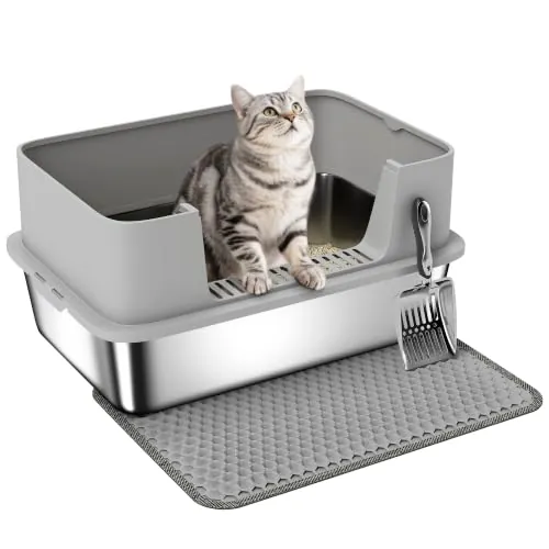 PawHut Arenero para Gatos de Acero Inoxidable XL 60x40x29,5 cm Gris