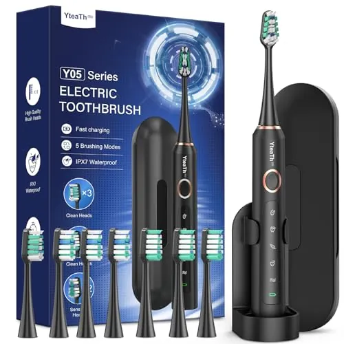 Cepillo de Dientes Eléctrico Sónico para Adultos - Cepillo Electrico Sónico con 8 Cabezales y Estuche de Viaje, 5 Modos, IPX7 Impermeable, Cepillo Dientes Electrico de Recargable, Negro Mate