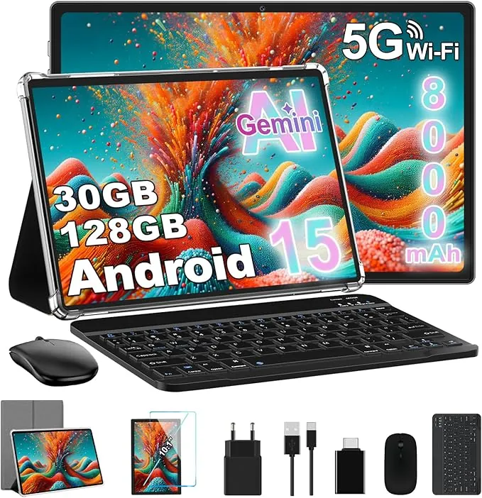 10 Pulgadas Android 15 Tablet 8000mAh Octa-Core, 30 GB RAM + 128 GB ROM (2 TB TF),Widevine L1,FHD IPS,USB-C, Wi-Fi 5G, BT5.0, 5MP+8MP, Pantalla Táctil, Facial ID, Tableta PC con Teclado y Ratón