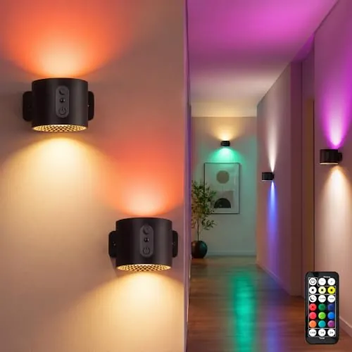 LuminexDesigns Pack de 2 Lámparas de Pared LED RGB Recargable AURI WL01 | Negro, Inalámbricas, Mando Distancia, Luz Arriba Abajo, Táctiles Regulables, Temporizador, para Dormitorio Pasillo