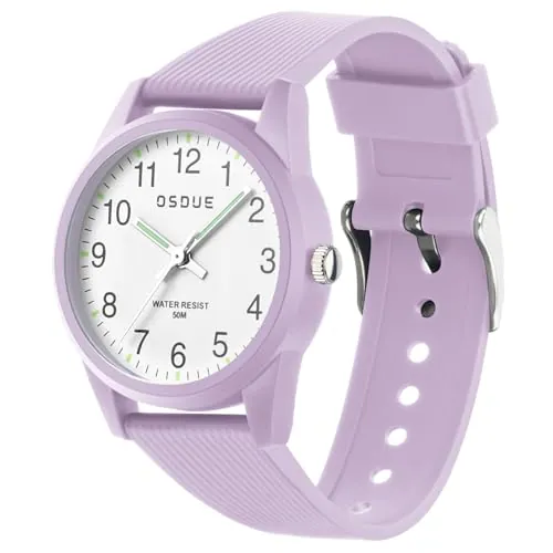 OSDUE Reloj para NiñOs, 5ATM/50M Impermeable Fácil de Leer Relojes de Pulsera con Correa Suave, Reloj de Pulsera Analógico para Niños Niñas Regalo de CumpleañOs para 4-18 Años Aprender La Hora Púrpura