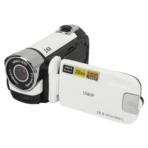 Grabadora de Cámara Digital, Videocámara Full HD 1080P 16MP, Cámara Vlogging con Pantalla Giratoria de 2,4, Zoom Digital 16X, Luz de Relleno, Antivibración, para Principiantes