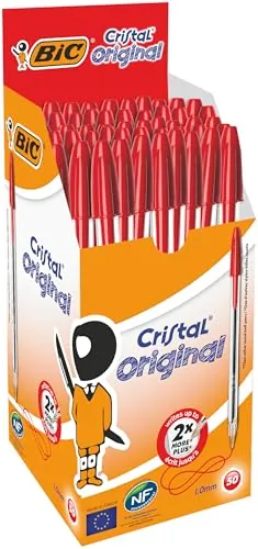 BIC Cristal Original Caja de 50 unidades - bolígrafos punta media (1,0 mm), color rojo - material oficina, material escolar