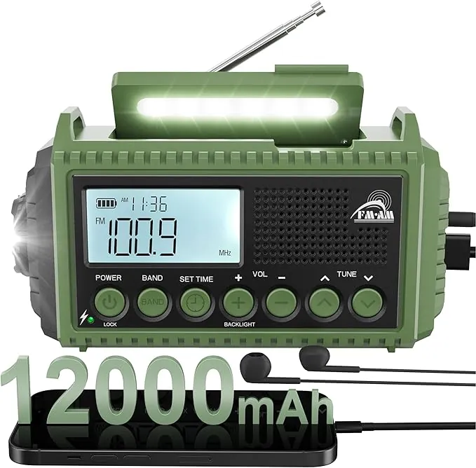 Radio Emergencia 12000mah, FM/Am/SW Radio Portatil Solar Dinamo, Bateria Recargable, Lámpara Lectura, Linterna, SOS, USB/Tipo C, Resistente a La Lluvia, Al Viento y a Los Golpes