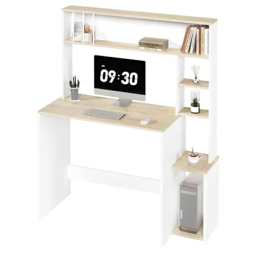 eSituro Escritorio con Estanterías, 113x45x139 cm, Blanco-Roble