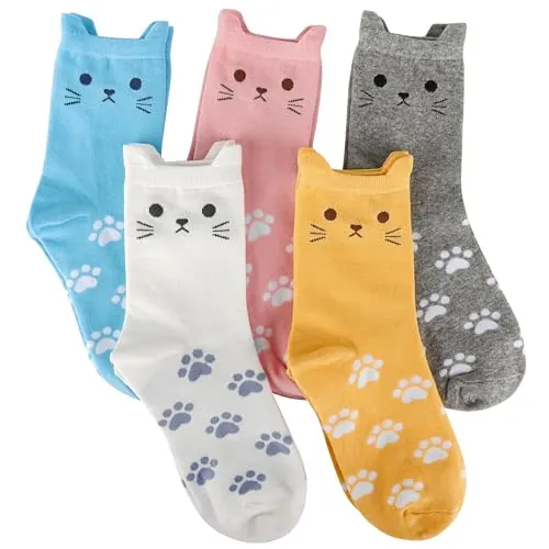 Rebundex 5 Pares Calcetines Gatos Mujer Divertidos Calcetines Algodon Regalos Originales para Mujer Regalos para Gatos Amantes Cumpleanos Navidad San Valentín Novia Esposa Madre Amigas 35-38