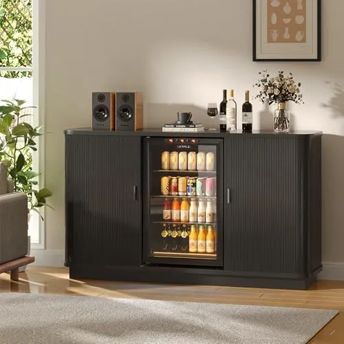 CSstone Mueble Bar de café con Puerta Enrollable de 130 cm de Largo con Espacio para refrigerador, aparador Retro Multifuncional con estación de Carga, botellero extraíble y estantes Ajustables.