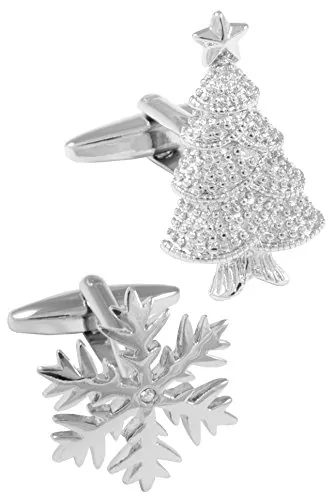 Gemelos Camisa Hombre Navidad - Con Caja - Gemelos para Camisas - Árbol De Navidad y Copo De Nieve - Latón - Color Plata - Un Par