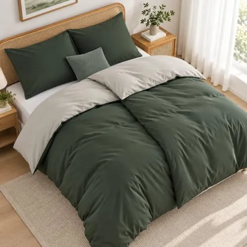 Duvetnova Funda Nórdica Cama 90 Verde Oliva/Beige,Súper Suave Diseño Doble Cara A/B con Cremallera, Certificación Oeko-Tex 2 Funda de Edredón 135x200 + 2 Fundas de Almohada 80x80 cm