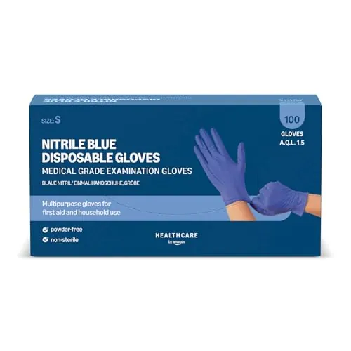 by Amazon Guantes Desechables de Nitrilo Azules, sin Polvo, sin Látex, Talla S, Paquete de 100